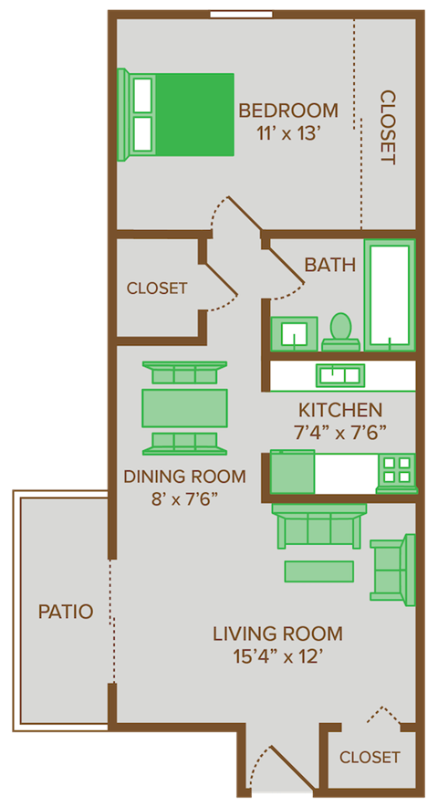 one bedroom one bathroom floor plan at walnut creek apartments
